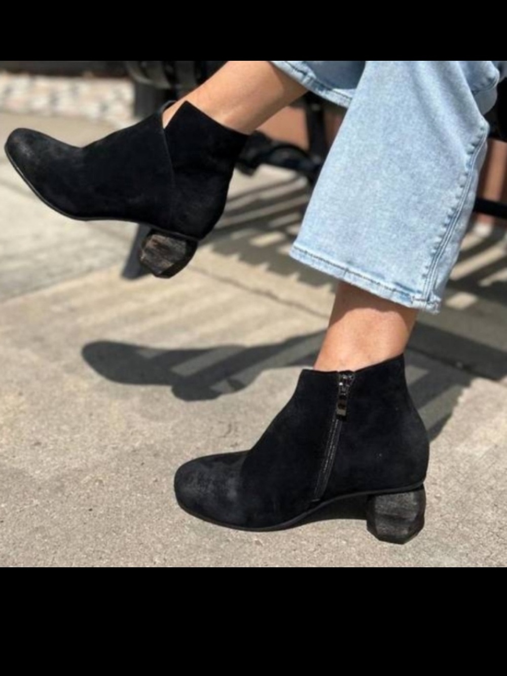Antelope Perrin Womens Booties Sz 8.5 Black Suede Sculpture Wood Heel Asymmetric